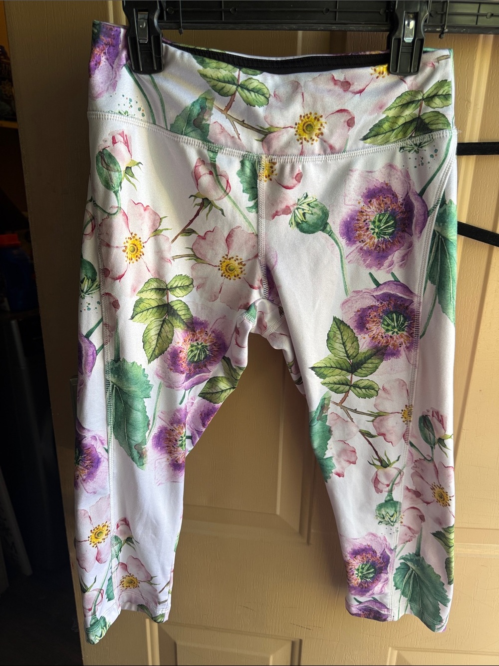 LuLaRoe White Capri Leggings with Purple & Green Floral Print